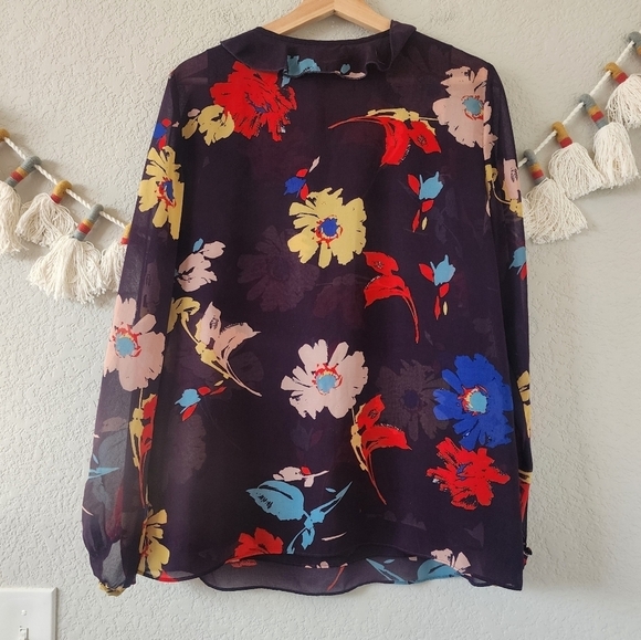 Cabi Juliet Ruffle Semi Sheer Floral Long Sleeve Top Business Casual Modest M - Picture 2 of 11